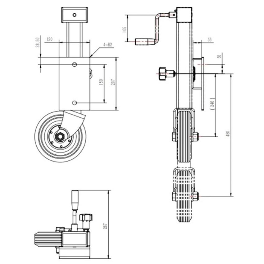 Kartt 60mm Square Tube HD Jockey Wheel With Swivel Bracket