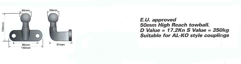 High Reach 50mm Towball Silver E Approved