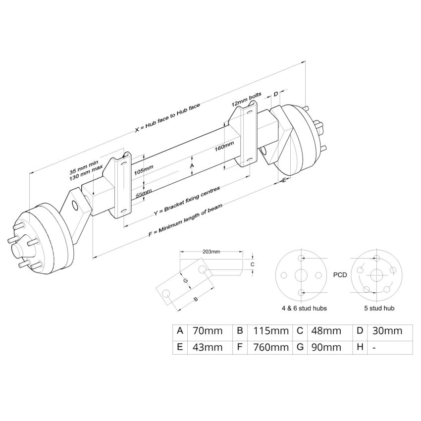 Braked Beam Axle 4 on 100mm PCD - 1000kg