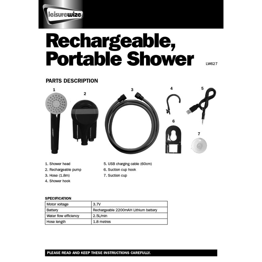 Leisurewize Rechargeable Portable Shower