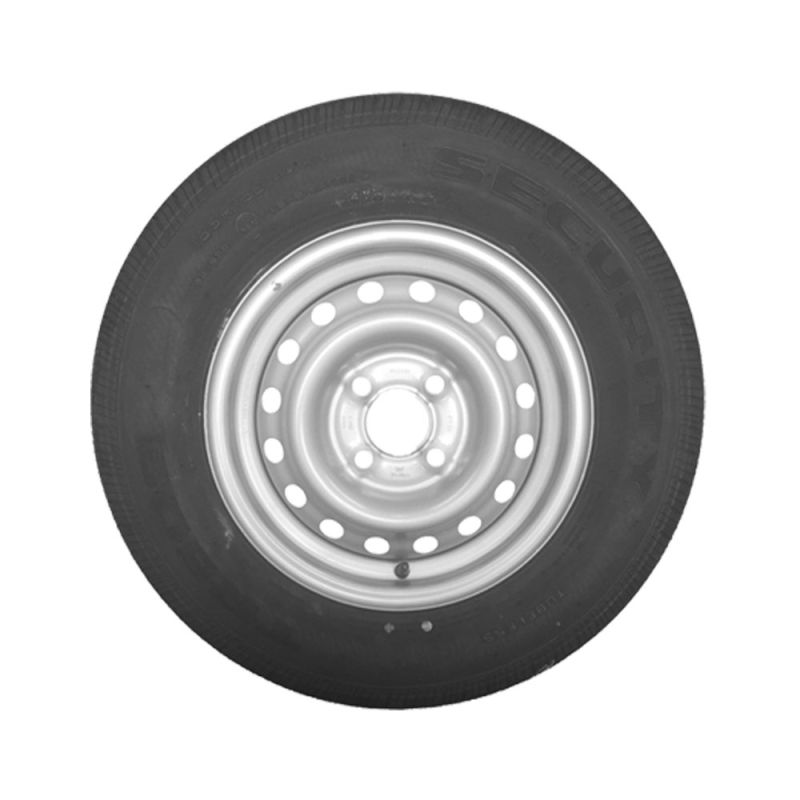 165 R13 C, 8 ply, 4 on 100mm. PCD wheel and tyre security assembly